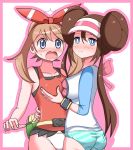  2girls arm_around_waist ass asymmetrical_docking bag bare_shoulders blue_eyes blue_panties blush border breast_grab breast_press breasts brown_hair collarbone embarrassed eyebrows_visible_through_hair fanny_pack female from_behind grabbing hairband hand_up haruka_(pokemon) haruka_(pokemon_oras) hat hug kaimu_(qewcon) large_breasts long_hair long_sleeves looking_at_another looking_at_viewer looking_back medium_breasts mei_(pokemon) multiple_girls nose_blush open_mouth outline outside_border panties pink_border pink_hair poke_ball_theme pokemon pokemon_(game) pokemon_bw2 pokemon_oras red_hairband red_shirt shiny shiny_hair shirt simple_background sleeveless sleeveless_shirt smile standing striped striped_panties surprised sweat tied_hair twin_buns twintails underwear visor_cap watch white_background white_panties white_shirt wristwatch yuri 