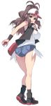  antenna_hair ass bag bare_legs bare_shoulders baseball_cap blue_eyes breasts brown_hair denim denim_shorts from_behind full_body hat highres large_breasts legs long_hair looking_at_viewer looking_back masao open_mouth pokemon pokemon_(game) pokemon_bw ponytail short_shorts shorts sideboob simple_background sleeveless smile solo tank_top touko_(pokemon) vest white_background 