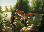  2018 5_fingers anthro black_fur black_hair brown_fur canine day detailed_background digital_media_(artwork) dog duo eyes_closed fox fur grey_fur hair lukiri male mammal nude orange_fur outside sky white_fur 