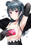  1girl arm_up armpits bangs black_choker black_gloves black_hairband black_skirt black_wings blue_hair blush breasts cellphone choker collarbone covering covering_breasts elbow_gloves feathered_wings feathers frilled_choker frilled_hairband frills gloves hairband high-waist_skirt highres looking_at_viewer love_live! love_live!_sunshine!! medium_breasts morerin phone purple_eyes side_bun simple_background skirt smartphone solo taking_picture topless tsushima_yoshiko upper_body white_background wings 