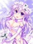  :d alternate_costume bare_shoulders blush bouquet breasts bride cameltoe cleavage commentary_request detached_collar dress elbow_gloves feather_trim flower gloves hair_between_eyes hair_flower hair_ornament highres kazuneko_(wktk1024) large_breasts long_hair looking_at_viewer navel nepgear neptune_(series) open_mouth panties purple_dress purple_eyes purple_hair revealing_clothes smile solo thigh_gap underwear upper_teeth 