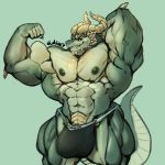  abs anthro big_biceps big_bulge big_pecs bulge clothing dragon english_text green_scales horn jockstrap looking_at_viewer male manly muscular muscular_male navel nipples oldshep pecs scales smile solo spines standing tan_scales teeth text thick_thighs underwear yellow_eyes 