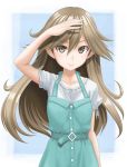  alternate_costume arashio_(kantai_collection) belt blue_background breasts brown_eyes brown_hair buttons casual collarbone dress eyebrows_visible_through_hair graphite_(medium) hair_between_eyes hand_on_head highres kantai_collection long_hair looking_at_viewer shirt short_sleeves sleeveless sleeveless_dress small_breasts smile solo t2r traditional_media two-tone_background white_background white_shirt 