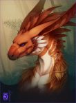  2018 detailed_background digital_media_(artwork) dragon feathers feral forest fur furred_dragon headshot_portrait horn outside portrait purple_eyes red_feathers shinerai smile solo tree 