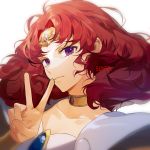  angel_salvia armor artist_name bangs big_hair choker circlet closed_mouth looking_at_viewer parted_bangs purple_eyes red_hair scarlet_ohara short_hair solo sukja upper_body v wedding_peach white_background 