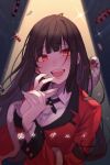  :d bangs black_hair blunt_bangs blush breasts brown_hair commentary_request eyebrows_visible_through_hair highres hime_cut jabami_yumeko kakegurui large_breasts light lips long_hair looking_at_viewer open_mouth poker_chip red_eyes ribbon school_uniform shiny shirt smile snake solo tongue veryberry00 