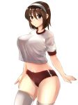  breasts brown_eyes brown_hair buruma commentary_request crop_top crop_top_overhang eureka_(eureka-0075) eyebrows_visible_through_hair gym_uniform hairband kantai_collection large_breasts looking_at_viewer natori_(kantai_collection) navel red_buruma shirt short_hair short_sleeves solo taut_clothes taut_shirt thighhighs white_background white_hairband white_legwear white_shirt 
