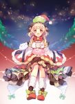  :d apricot_(flower_knight_girl) bell black_bow black_hairband blonde_hair bow brown_eyes creature detached_sleeves dress flower_knight_girl frilled_hairband frills green_bow hair_bow hairband hat layered_dress mg_kurino open_mouth red_bow red_hat santa_hat shoe_bow shoes short_hair sitting smile solo 