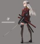  absurdres black_gloves braid dual_wielding fingerless_gloves full_body gloves highres holding holding_sword holding_weapon jacket katana long_hair original pleated_skirt red_eyes saya_(scabbard) silver_hair simple_background skirt solo sword thighhighs weapon wu_lun_wujin 