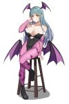  animal_print arm_support bare_shoulders bat_print bat_wings breasts bridal_gauntlets cleavage demon_girl elbow_gloves eyebrows_visible_through_hair full_body gg-e gloves hair_flip head_wings heart_cutout highres large_breasts leotard long_hair morrigan_aensland pantyhose parted_lips print_legwear purple_legwear purple_wings simple_background sitting solo succubus vampire_(game) wings 