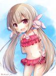  &gt;_&lt; :d arm_behind_back arm_grab bangs bare_arms bare_shoulders bikini blush bunny_hair_ornament collarbone commentary eyebrows_visible_through_hair fang hair_between_eyes hair_ornament highres layered_bikini leaning_to_the_side light_brown_hair long_hair looking_at_viewer natori_sana navel open_mouth pink_bikini red_eyes sana_channel sidelocks smile solo swimsuit twintails very_long_hair virtual_youtuber yukiyuki_441 