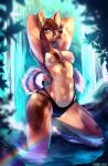  angiewolf anthro breasts canine clothed clothing female hands_behind_head looking_at_viewer mammal nipples panties solo standing topless underwear waterfall 