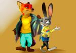  2017 anthro barefoot canine claws clothed clothing dipstick_ears disney duo female fox fur gradient_background green_eyes inner_ear_fluff jacket judy_hopps lagomorph looking_back male mammal multicolored_fur nick_wilde pants purple_eyes rabbit shorts simple_background size_difference sweater toe_claws two_tone_fur walking zigrock001 zootopia 