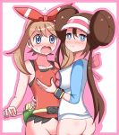  2girls arm_around_waist ass asymmetrical_docking bag bare_shoulders blue_eyes blush border bottomless breast_grab breast_press breasts brown_hair collarbone embarrassed eyebrows_visible_through_hair fanny_pack female from_behind grabbing hairband hand_up haruka_(pokemon) haruka_(pokemon_oras) hat hug kaimu_(qewcon) large_breasts long_hair long_sleeves looking_at_another looking_at_viewer looking_back medium_breasts mei_(pokemon) multiple_girls nose_blush open_mouth out-of-frame_censoring outline outside_border pink_border pink_hair poke_ball_theme pokemon pokemon_(game) pokemon_bw2 pokemon_oras red_hairband red_shirt shiny shiny_hair shirt simple_background sleeveless sleeveless_shirt smile standing surprised sweat tied_hair twin_buns twintails visor_cap watch white_background white_shirt wristwatch yuri 