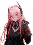  armband bangs black_jacket commentary crossed_bangs english_commentary eyebrows_visible_through_hair girls_frontline gloves hair_between_eyes hair_over_one_eye hand_up headgear jacket long_hair looking_at_viewer m4_sopmod_ii_(girls_frontline) multicolored_hair pink_hair prosthesis prosthetic_arm red_eyes red_hair scarf sidelocks silence_girl simple_background smile solo streaked_hair white_background 