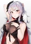  absurdres alternate_costume arm_behind_head azur_lane bangs black_swimsuit blush breasts cleavage commentary eyebrows_visible_through_hair graf_zeppelin_(azur_lane) grey_background groin hair_between_eyes hand_on_own_chest head_tilt highres iron_cross jacket jacket_on_shoulders large_breasts long_hair looking_at_viewer messy_hair navel navel_cutout one-piece_swimsuit open_mouth red_eyes sidelocks silver_hair simple_background solo swimsuit taut_clothes taut_swimsuit thighs upper_body very_long_hair wrist_straps yayoichi_(yoruyoru108) 