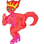  beckoning big_breasts big_butt bikini breasts butt clothing digital_media_(artwork) fakkumon fan_character female fire flaming_hair footwear green_eyes hair high_heels lipstick makeup pixel_(artwork) red_skin shoes sling_bikini smile solo sprite_art swimsuit 