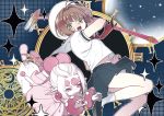  brown_hair cardcaptor_sakura fuuin_no_tsue green_eyes half_updo hat kinomoto_sakura magic_circle multiple_girls no_nose open_mouth outstretched_hand pink_eyes pink_footwear pointy_ears power_(clow_card) puffy_short_sleeves puffy_sleeves school_uniform serafuku short_hair short_sleeves skirt wand white_hair white_hat wuliu_heihuo 