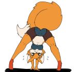 alpha_channel amber_eyes barefoot bent_over breasts butt canine clothing female fox fur looking_back looking_through_legs mammal midriff orange_fur raised_tail rear_view shorts solo stretching sweat vono 