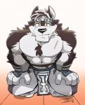  2018 absurd_res anthro biceps canine chest_tuft clothing fur headband hi_res hikazedragon horkeukamui kemono male mammal multicolored_fur muscular muscular_male pecs scar solo tokyo_afterschool_summoners tuft white_fur wolf 