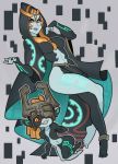  1girl barefoot breasts cape dual_persona helmet medium_breasts midna multicolored_skin navel red_eyes simple_background splashbrush the_legend_of_zelda the_legend_of_zelda:_twilight_princess white_shirt yellow_sclera 