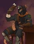  2018 alcohol anthro armor badcoyote balls beverage black_fur bracers clothed clothing cup drinking ear_piercing erection eyes_closed fur greaves hood humanoid_penis male mammal muscular muscular_male nipples open_mouth partially_clothed penis piercing rat rodent scar shirt sitting skaven solo teeth tongue vermintide warhammer_(franchise) 
