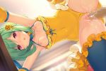  1girl :o arm_warmers armpits black_legwear bow breasts breasts_outside censored clothed_sex covered_navel doggystyle flower_knight_girl food_themed_hair_ornament frills from_below game_cg green_hair hair_bow hair_ornament hetero leaning_forward leotard mosaic_censoring nipples official_art open_mouth penis pepo_(flower_knight_girl) pumpkin_hair_ornament red_eyes sex shiny shiny_skin short_hair small_breasts solo_focus spread_legs sugimeno thighhighs vaginal yellow_bow yellow_leotard 