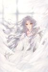  angel_wings cardcaptor_sakura choker closed_mouth crystal dress feathered_wings floating_hair flower gown green_eyes highres keylin-lin- kinomoto_nadeshiko long_hair pink_flower pink_rose purple_ribbon ribbon ribbon_choker rose silver_hair smile solo very_long_hair watermark wavy_hair white white_dress white_wings wind wings 