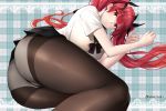  artist_name ass azur_lane black_legwear commentary_request crotch_seam hair_ribbon honolulu_(azur_lane) long_hair looking_at_viewer lying oekakizuki on_side panties panties_under_pantyhose pantyhose plaid plaid_background pleated_skirt red_hair ribbon school_uniform serafuku skirt twintails underwear 