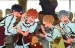  :d backpack bag blonde_hair blue_hair blurry blurry_background blush eye_contact free! glasses hana_bell_forest hand_on_another's_shoulder hazuki_nagisa highres jacket looking_at_another looking_to_the_side male_focus mikoshiba_momotarou multiple_boys nitori_aiichirou open_mouth pointing pose red-framed_eyewear red_hair ryuugazaki_rei silver_hair smile tote_bag 