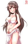  artist_logo bikini black_hair breasts brown_eyes cleavage commentary_request dated front-tie_top hairband haruna_(kantai_collection) highres kanon_(kurogane_knights) kantai_collection large_breasts long_hair looking_at_viewer open_mouth sarong side-tie_bikini simple_background smile solo standing swimsuit white_background white_bikini white_sarong 