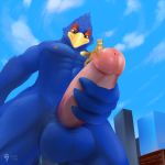  avian blurthefur canine city erection falco_lombardi fox looking_down looming low-angle_view macro male mammal masturbation nintendo penis star_fox video_games 