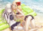  abigail_williams_(fate/grand_order) all_fours ass bandeau bangs bare_shoulders barefoot beach bikini bikini_skirt black_bikini blonde_hair breasts butterfly_hair_ornament commentary_request day fate/grand_order fate_(series) feet flower frilled_bikini frills from_side hair_flower hair_ornament hibiscus highres holding_hands interlocked_fingers lavender_hair lavinia_whateley_(fate/grand_order) long_hair looking_at_viewer lying multiple_girls navel on_back outdoors pale_skin parted_bangs purple_eyes redjuice small_breasts soles swimsuit very_long_hair wet wide-eyed 