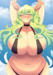  andro_juniarto animal_humanoid big_breasts blush breasts clothing dragon dragon_humanoid eyes_closed female green_hair hair huge_breasts humanoid long_hair mammal miss_kobayashi&#039;s_dragon_maid quetzalcoatl_(dragon_maid) smile solo 