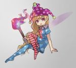  :d bare_arms blonde_hair clownpiece dress fairy fairy_wings fire hat holding jester_cap long_hair looking_at_viewer neck_ruff open_mouth pantyhose polka_dot polka_dot_hat purple_eyes purple_hat purple_wings sasa_kichi short_sleeves smile solo star star_print striped striped_dress striped_legwear torch touhou very_long_hair wings 