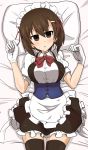  absurdres alternate_costume apron bangs black_legwear black_skirt blush bow bowtie brown_eyes brown_hair commentary corset dress_shirt enmaided eyebrows_visible_through_hair frilled_apron frilled_skirt frills from_above girls_und_panzer gloves hair_ornament hair_ribbon hairclip highres kumo_(atm) looking_at_viewer lying maid maid_headdress miniskirt nishizumi_maho on_back on_bed parted_lips pillow puffy_short_sleeves puffy_sleeves red-framed_eyewear red_neckwear ribbon shirt short_hair short_sleeves skindentation skirt solo sweatdrop thighhighs w_arms waist_apron white_apron white_gloves white_shirt 