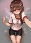  absurdres aomushi_(mushamusha) bangs bike_shorts black_shorts blush braid breath brown_eyes brown_hair clenched_hand commentary cosplay foreshortening girls_und_panzer gym_shirt gym_uniform hair_over_shoulder highres isobe_noriko isobe_noriko_(cosplay) long_hair looking_at_viewer parted_lips reaching_out rukuriri self_shot shirt short_shorts short_sleeves shorts single_braid sitting solo steam sweat t-shirt thigh_gap white_shirt 