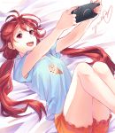  :d arms_up beatless bed_sheet blue_shirt breasts endou_yuka food_print game_console hair_between_eyes handheld_game_console holding holding_handheld_game_console long_hair lying mikanchii on_back open_mouth orange_shorts playstation_portable print_shirt red_eyes red_hair shirt short_shorts short_sleeves shorts sketch smile solo very_long_hair 