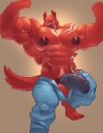  anthro balls big_penis canine clothed clothing cursedmarked flexing half-dresesd half-erect humanoid_penis looking_at_viewer male mammal muscular muscular_male pecs penis pubes solo thick_penis topless unzipped 