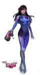  absurdres animal_print arucelli bangs biting blood blood_on_face blue_bodysuit bodysuit brown_hair bunny_print character_name crossed_legs d.va_(overwatch) facepaint full_body gun handgun headphones high_collar highres holding holding_gun holding_weapon lip_biting lips long_hair looking_at_viewer nose overwatch pilot_suit pink_lips pistol ribbed_bodysuit shoulder_pads skin_tight solo standing swept_bangs watson_cross weapon whisker_markings white_background 