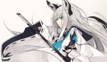  animal_ears azur_lane baggy_clothes bangs black_gloves black_sailor_collar blue_neckwear blue_skirt breasts crossed_bangs detached_sleeves eyebrows eyebrows_visible_through_hair fox_ears fox_tail from_side gloves holding holding_sword holding_weapon katana kawakaze_(azur_lane) long_hair looking_at_viewer nagishiro_mito neckerchief open_mouth ribbon-trimmed_clothes ribbon-trimmed_sleeves ribbon_trim sailor_collar shirt silver_hair skirt small_breasts solo sword tail weapon 