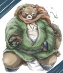  anthro bandage belly big_belly canine clothing eyebrows fundoshi gyobu hat japanese_clothing male mammal overweight overweight_male robe roostax_wilddog scar solo tanuki thick_eyebrows thick_thighs tokyo_afterschool_summoners underwear 