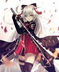  bad_id bad_pixiv_id bangs beckzawachi black_bow black_cape black_legwear bow cape cowboy_shot dress eyebrows_visible_through_hair fate/grand_order fate_(series) floating_hair grey_eyes hair_between_eyes hair_bow highres holding holding_sword holding_weapon katana long_hair looking_at_viewer okita_souji_(alter)_(fate) okita_souji_(fate)_(all) parted_lips petals red_dress short_dress silver_hair simple_background solo standing sword thigh_strap thighhighs very_long_hair weapon white_background 