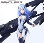  beatless black_legwear blue_eyes blue_hair breasts bridal_gauntlets cleavage cleavage_cutout copyright_name fattybot floating_hair hair_between_eyes highres holding holding_weapon leicia leotard long_hair looking_at_viewer medium_breasts sketch smile solo thighhighs weapon white_background 