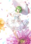  ;d alternate_costume ankle_ribbon arm_behind_back bare_shoulders blurry blurry_background bow braid breasts cleavage collarbone dress floral_background flower frilled_dress frills green_hair hair_ribbon high_heels highres holding holding_umbrella kazami_yuuka medium_breasts one_eye_closed open_mouth petals pink_bow pink_footwear pink_ribbon red_eyes ribbon shironeko_yuuki short_hair smile solo strapless strapless_dress touhou umbrella white_background white_dress wrist_ribbon 