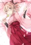  black_bow blonde_hair bow cherry_blossoms dango dutch_angle eating eyebrows_visible_through_hair fate/grand_order fate_(series) floating_hair food from_below hair_between_eyes hair_bow hakama holding_stick japanese_clothes kimono okita_souji_(fate) okita_souji_(fate)_(all) pink_kimono red_hakama shiao short_hair solo standing wagashi yellow_eyes 