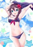  :d ahoge armpits arms_up ass_visible_through_thighs bangs bare_arms bare_shoulders bikini black_bikini blue_eyes blue_sky blush braid breasts brown_hair cleavage cloud commentary_request day eyebrows_visible_through_hair flower front-tie_bikini front-tie_top hair_between_eyes hair_flaps hair_flower hair_ornament highres holding horizon kantai_collection long_hair looking_at_viewer medium_breasts navel neko_danshaku ocean open_mouth red_flower remodel_(kantai_collection) sarong shigure_(kantai_collection) side_braid single_braid sky smile solo star star_in_eye swimsuit symbol_in_eye water white_background 