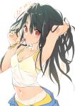  absurdres arm_up armpits artist_name bangs bare_shoulders black_hair blush bra breasts c-ms_(girls_frontline) chinese_commentary closed_mouth commentary_request dated eyebrows_visible_through_hair girls_frontline hair_between_eyes hair_tie hand_up heart highres long_hair looking_at_viewer midriff mouth_hold navel pants red_eyes signature simple_background small_breasts solo sweat tan tank_top tanline tying_hair underwear upper_body white_background xiao_chichi yellow_bra 