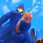  avian blurthefur canine city cum erection falco_lombardi fox looking_down looming low-angle_view macro male mammal masturbation nintendo penis star_fox video_games 