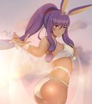  animal_ears ass bangs bare_shoulders bikini blush breasts closed_mouth commentary dark_skin earrings facepaint facial_mark fate/grand_order fate_(series) highres hips hoop_earrings jackal_ears jewelry long_hair looking_at_viewer medium_breasts miaowu_miaoha nitocris_(fate/grand_order) nitocris_(swimsuit_assassin)_(fate) ponytail purple_eyes purple_hair sash sidelocks solo splashing swimsuit tiara very_long_hair white_bikini wrist_cuffs 